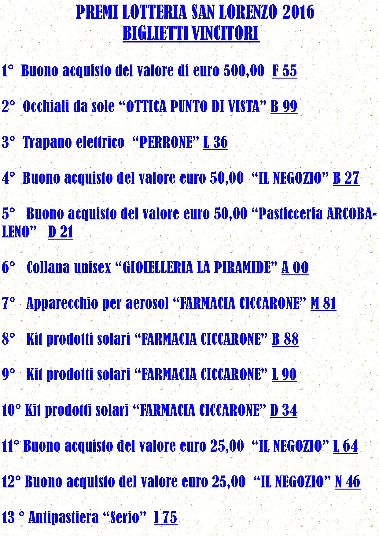 PREMI LOTTERIA CON BIGLIETTI vincitori DEFINITIVI